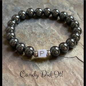 NWT Handmade Candy Did It! Titanium Hematite Letter P Initial Bead Bracelet
